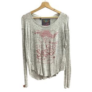 Superdry MEDIUM Gray Osakaya Pink Glitter Graphic Tee Shirt T-Shirt Long Sleeve